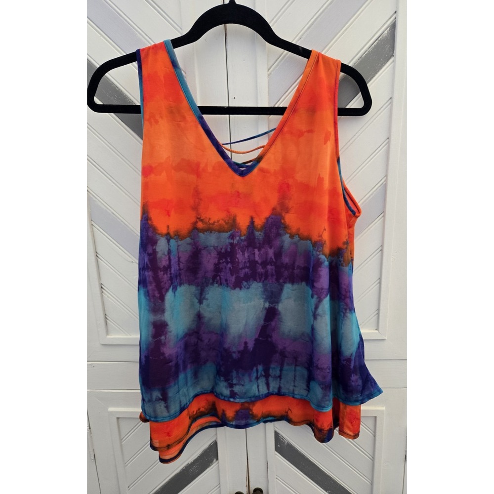 Worthington Women's L Orange Blue Purple Tie Dye Layered Chiffon Cross Tie‎ Tank - Picture 9 of 16
